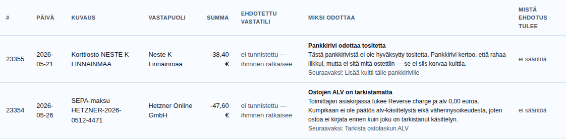 Tuonnin kirjausehdotukset: sarake Miksi odottaa erottaa kaksi riviä, joilla on eri syy ja eri seuraava askel
